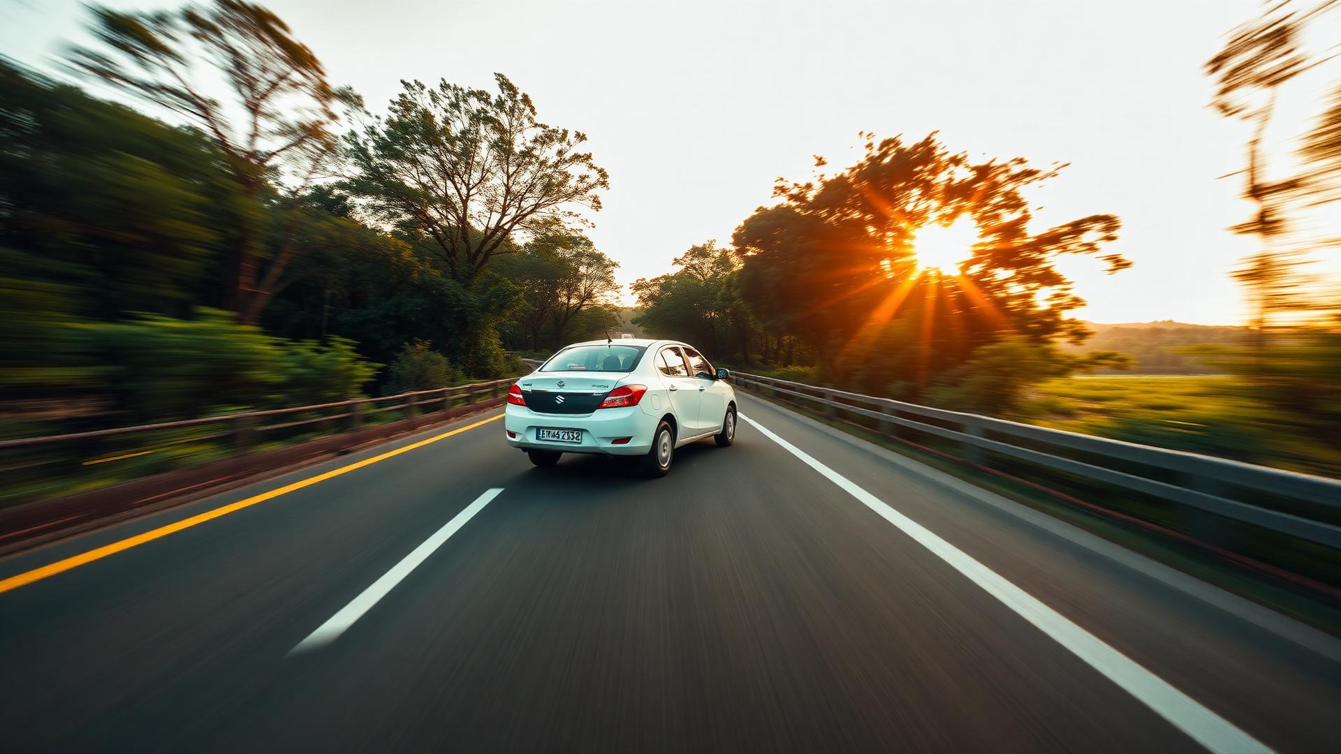 Taxi driving on a Chhattisgarh highway at sunset